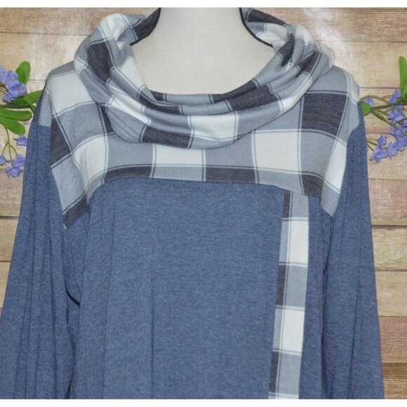 Womens Blue Plaid Long Sleeve Cowl Neck Tunic Shirt Top Size XXL Career Stretch - Picture 2 of 9